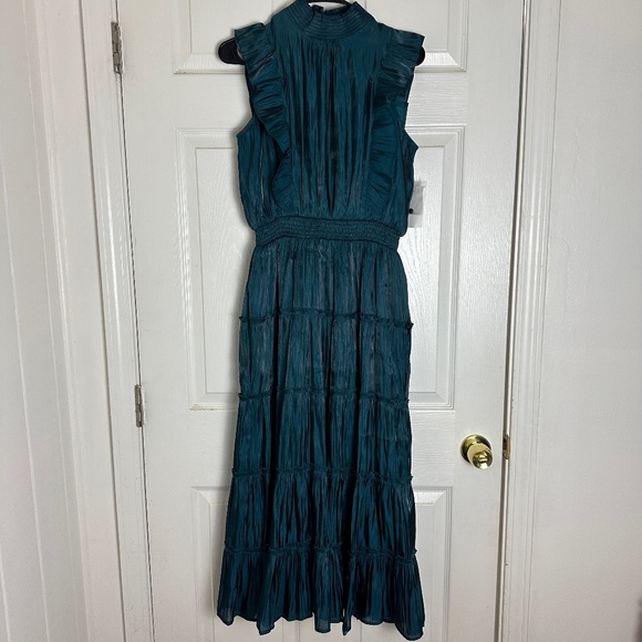NWT Grey Collective Green Hi-Neck Ruffle Sleeve Smocked Tiered Maxi Dress WomenS - Picture 1 of 8
